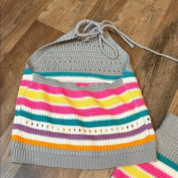 2 Piece Crochet Halter & Shorts Outfit Candy Color Stripes Small/Medium Juniors - Picture 6 of 17